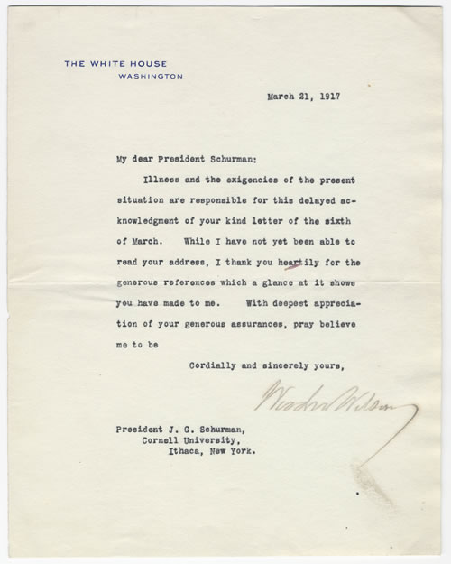 Letter from President Woodrow Wilson to J. G. Schurman