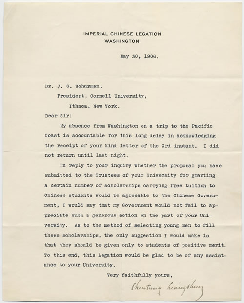 Letter from the Imperial Chinese Legation to Jacob Gould Schurman, May 30, 1906.