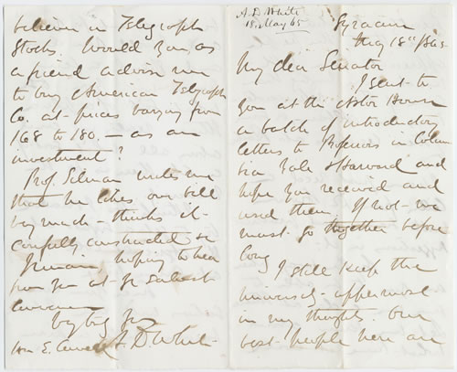 Letter from A. D. White to Ezra Cornell