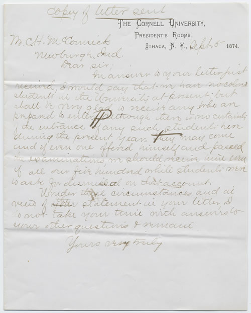 Letter from A. D. White to C. H. McCormick regarding African-American students at Cornell