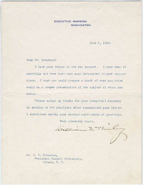 Letter from President William McKinley to Jacob Gould Schurman.