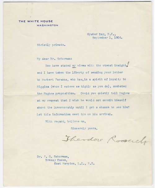 Letter from President Theodore Roosevelt to J. G. Schurman